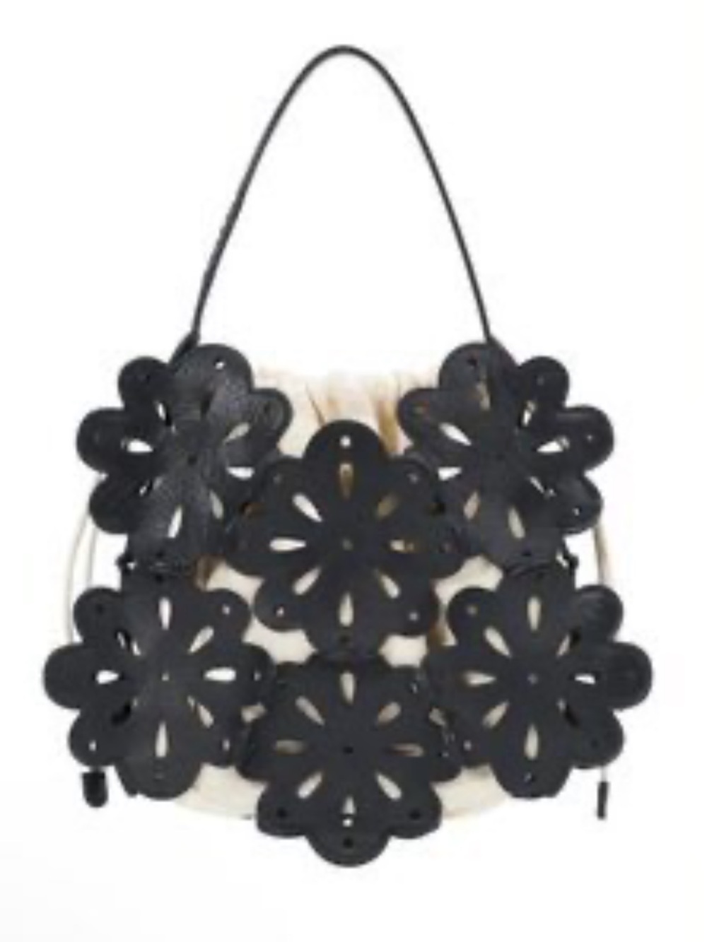 STAUD Kenny Black Leather Floral Cutout Bucket Bag Drawstring Purse
